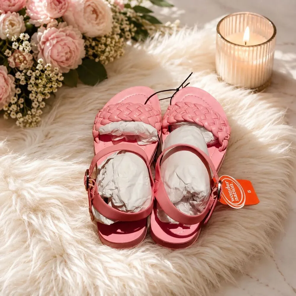 Wonder Nation Girls Pink Braided Ankle Strap Flat Sandals  Size 5 NWT